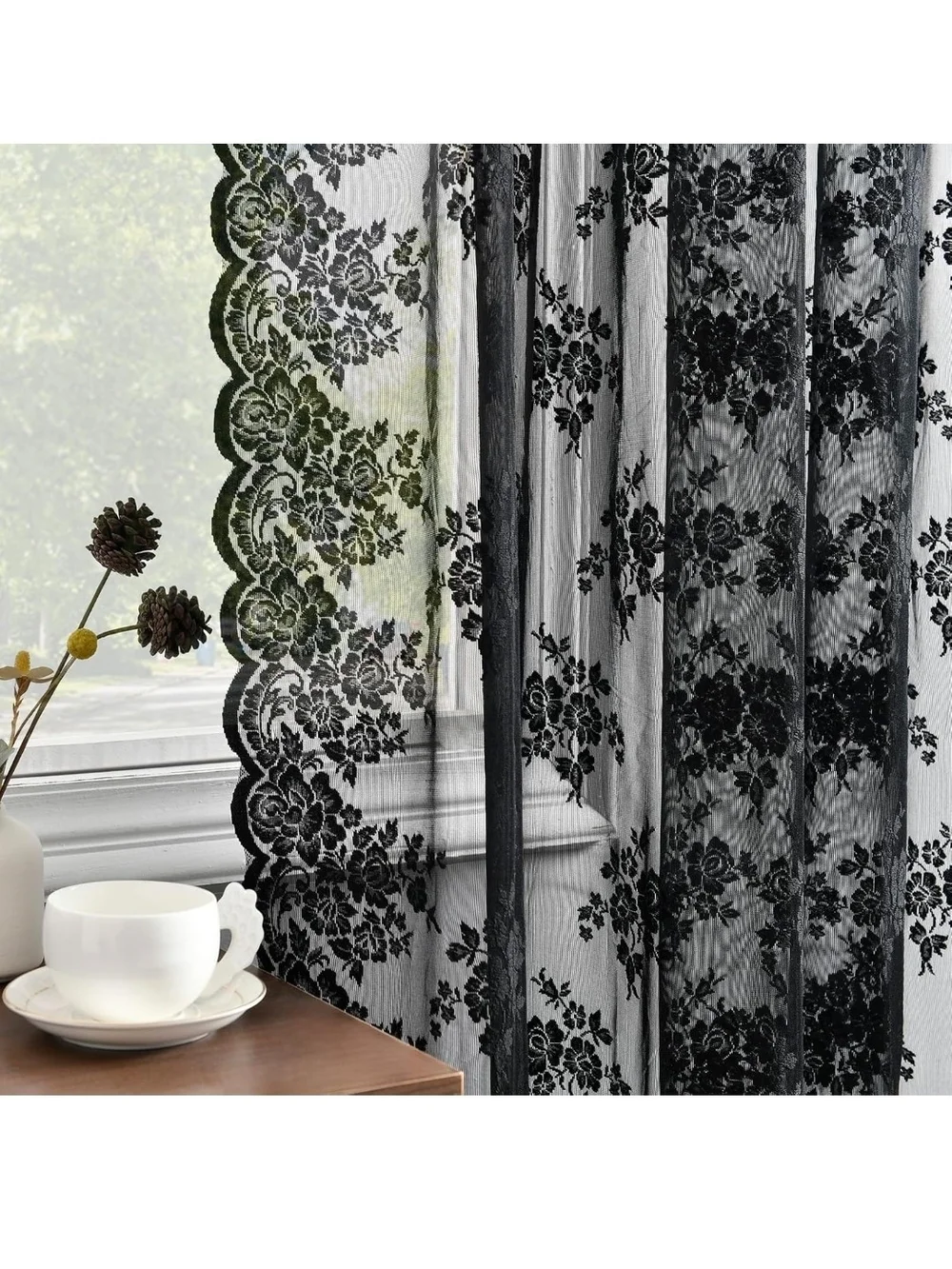 Black Lace Sheer Curtain Panels - Elegant Window Drapery